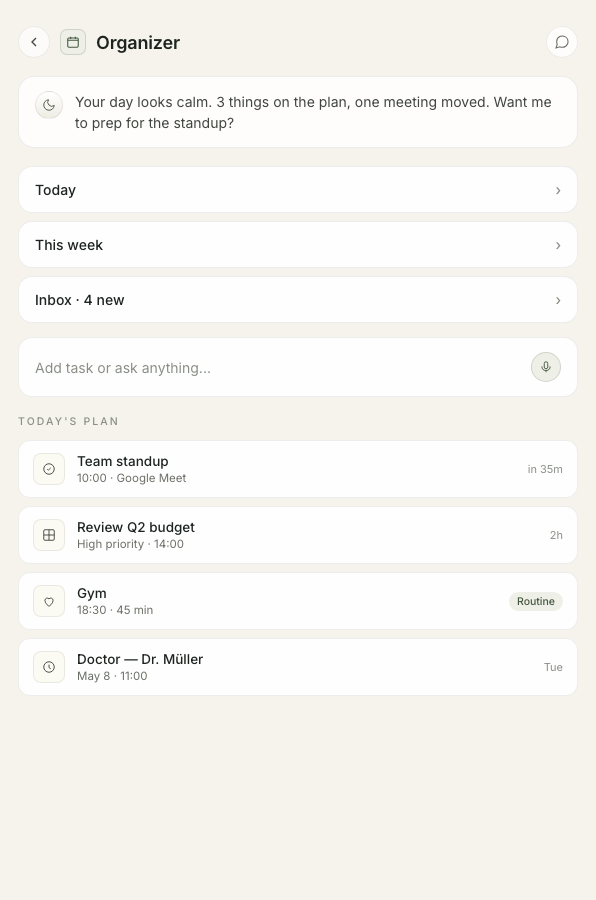 Organizer agent screen